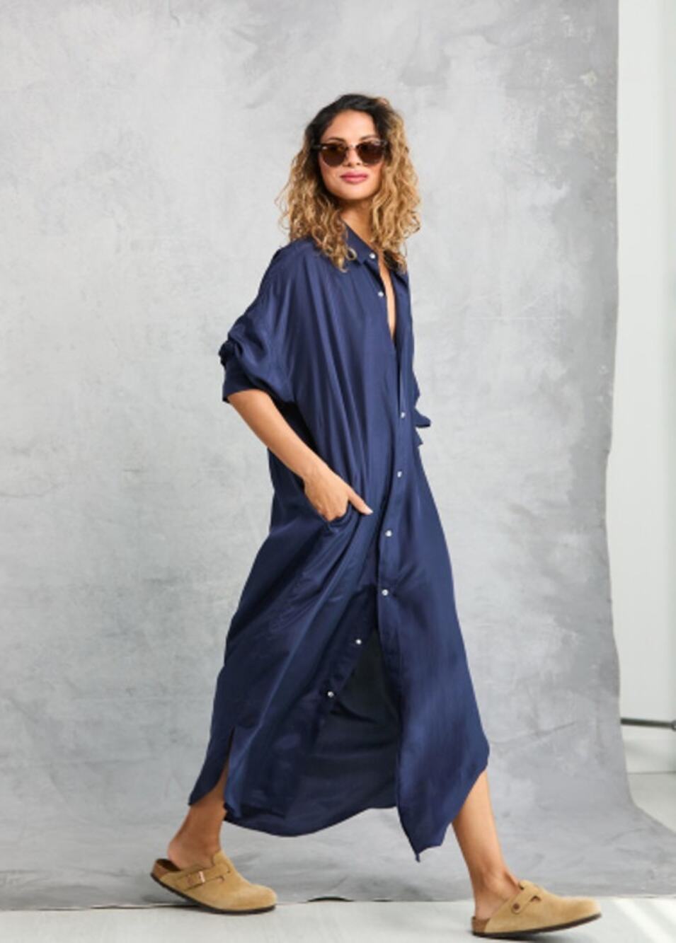 Mamene Phoebe Shirt Dress Silk Blue Long Sleeve Maxi Oversized 1/S - Picture 1 of 12